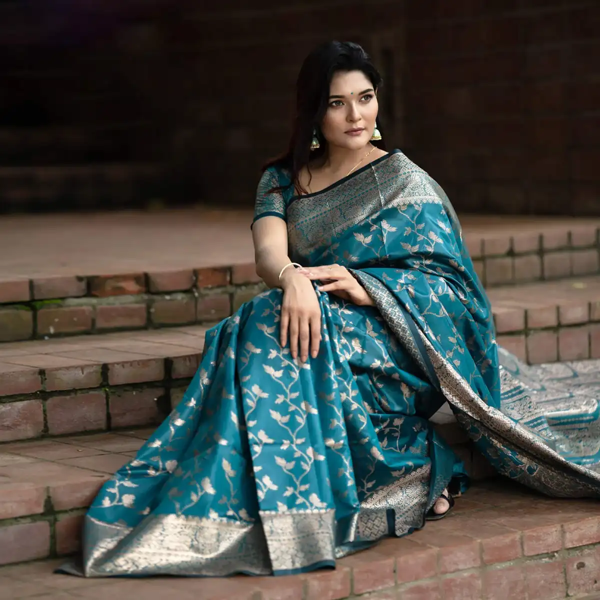 Chandralata Half Silk with Blouse Pices Teal Blue