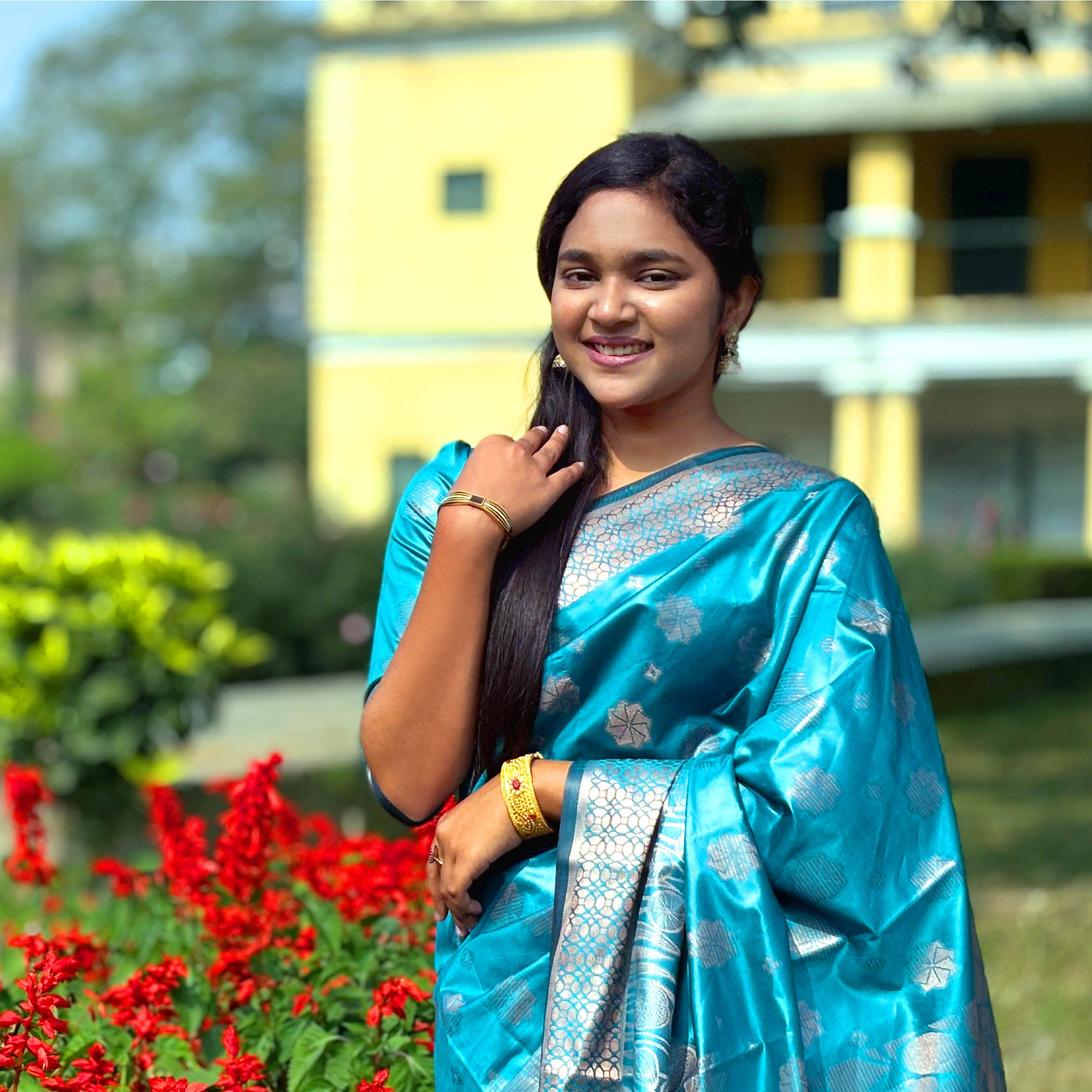 নীলচে সবুজ কাতান সিল্ক শাড়ি - ব্লাউজ পিচ সহ